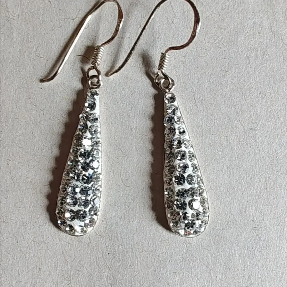 VTG Earrings‎ Sterling Silver 925 Crystal Inset Dangle Drop Hook Teardrop
